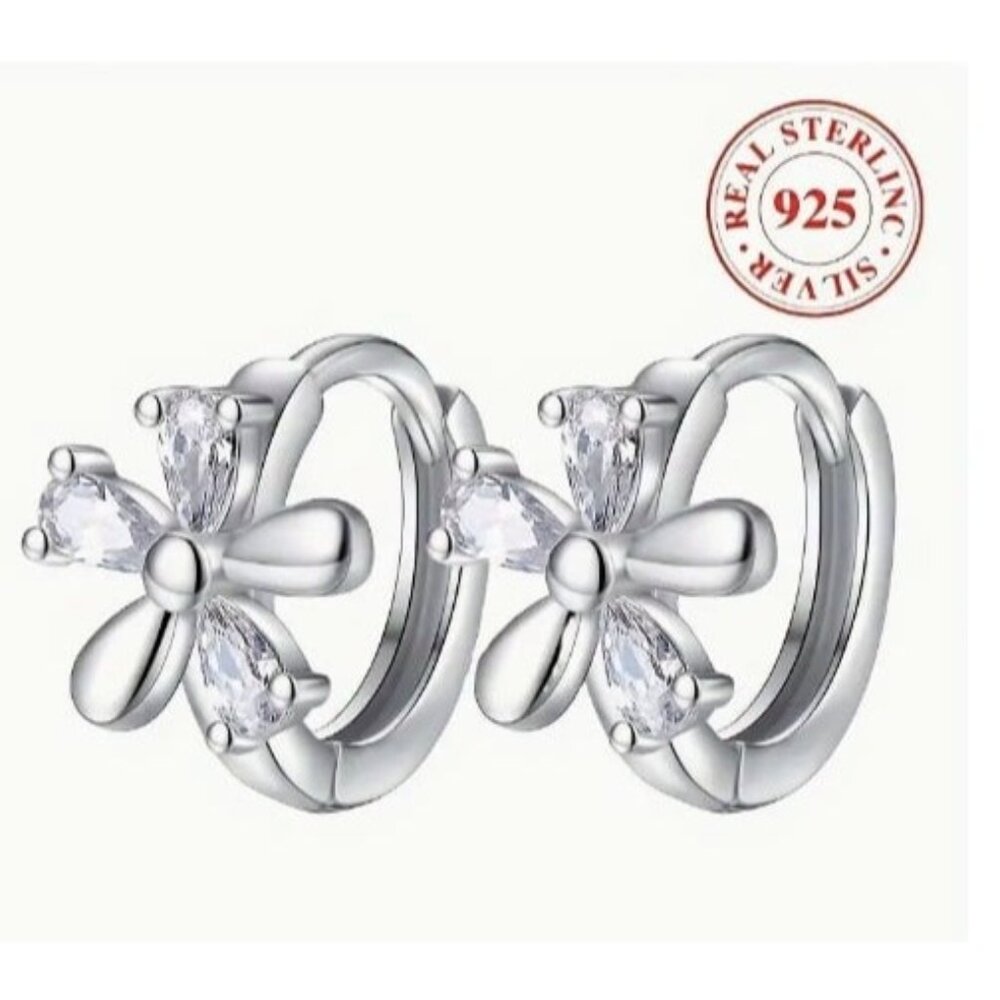 Sterling Silver Simulated Diamond Zircon Flower Huggie Earrings